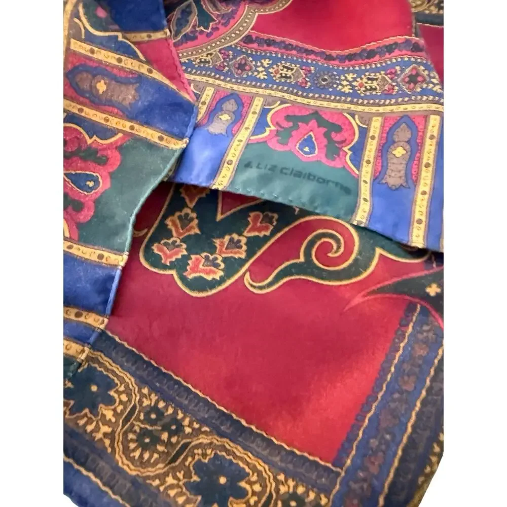 Vintage Liz Claiborne Silk Paisley Scarf 1980s Burgundy Navy Blue Green 11x52